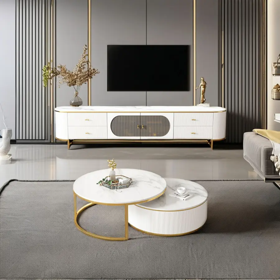 Simple Stainless Steel Coffee Table TV Cabinet Combo Living Room Apartment High Quality Rock Plate TV Cabinet — image 4