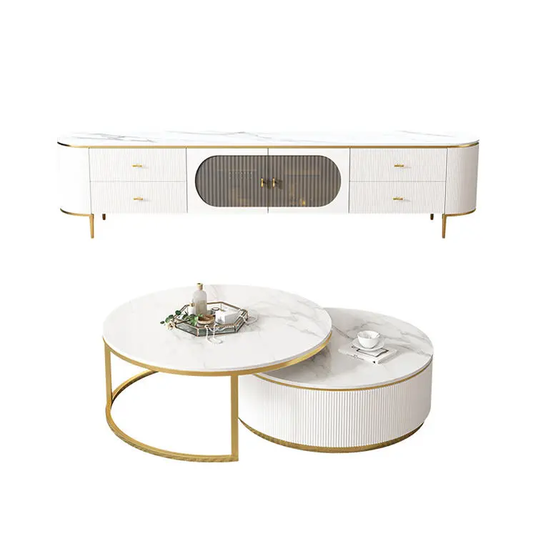 Simple Stainless Steel Coffee Table TV Cabinet Combo Living Room Apartment High Quality Rock Plate TV Cabinet — image 5