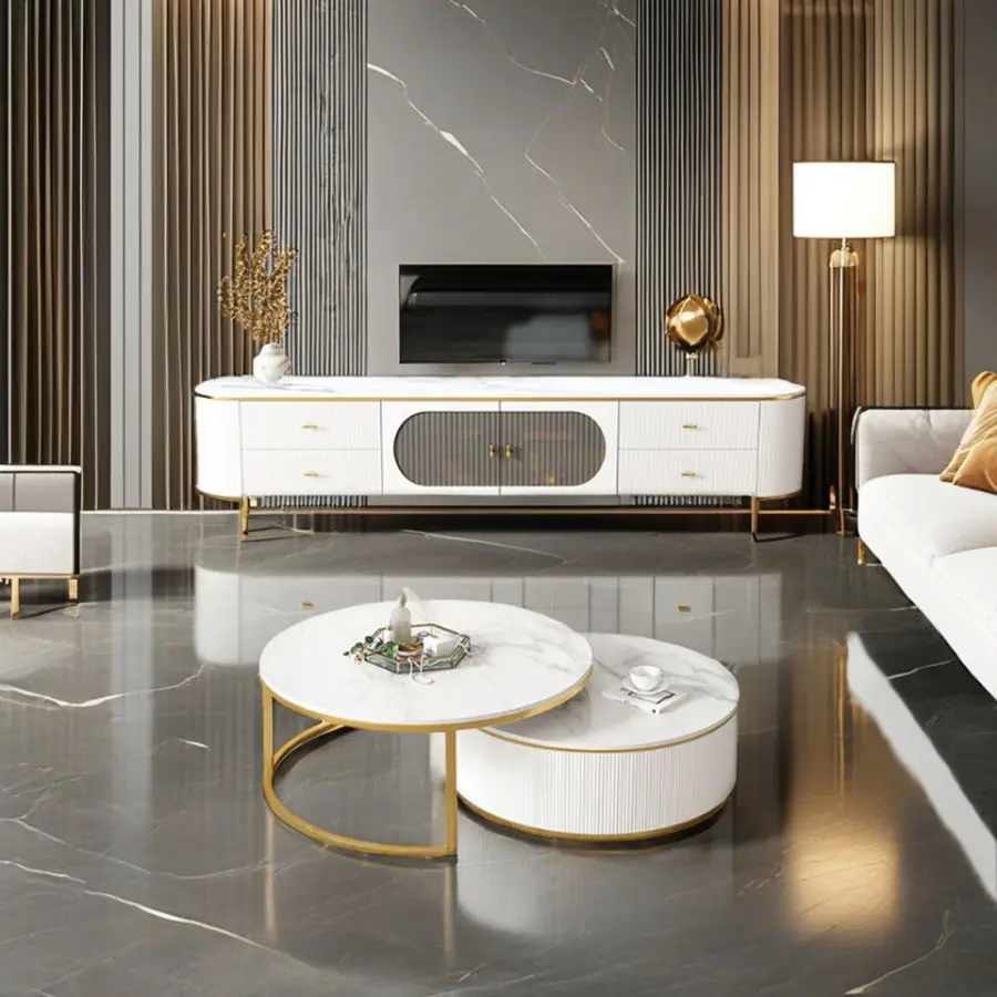 Simple Stainless Steel Coffee Table TV Cabinet Combo Living Room Apartment High Quality Rock Plate TV Cabinet — image 7