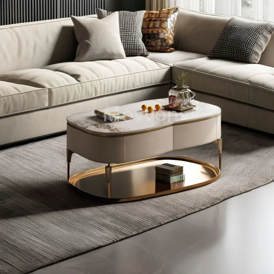 Modern Luxury Style Living Room Coffee Table Stainless Steel Tea Table with Morden Solid Wood Storage Furniture — image 3