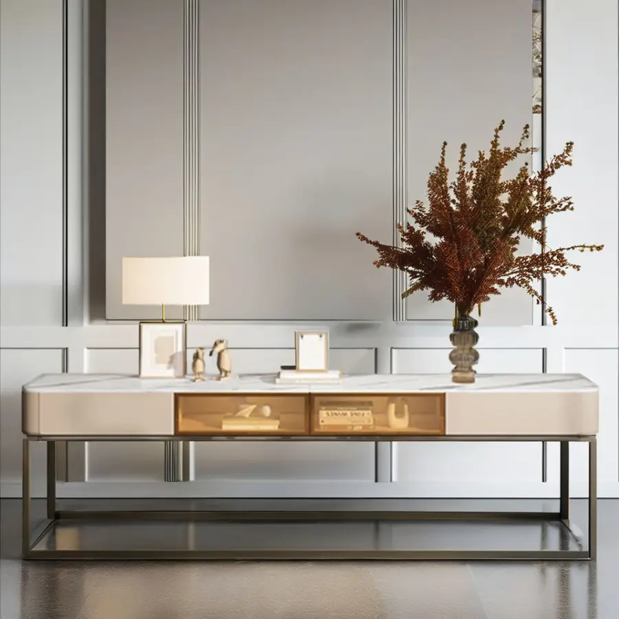 Luxury Tv Cabinet and Center Table Natural Marble Wooden Tea Coffee Table for Living Room Furniture — view 1