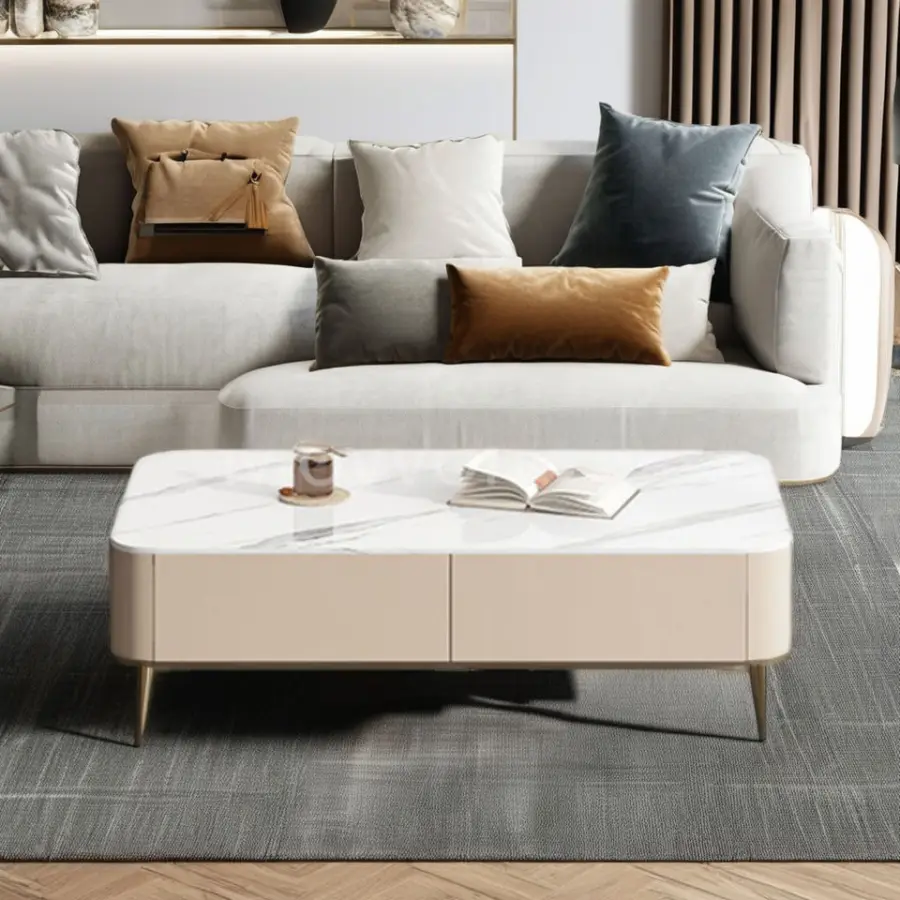 Luxury Tv Cabinet and Center Table Natural Marble Wooden Tea Coffee Table for Living Room Furniture — image 3