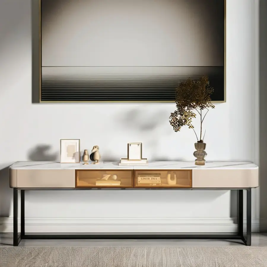 Luxury Tv Cabinet and Center Table Natural Marble Wooden Tea Coffee Table for Living Room Furniture — image 4