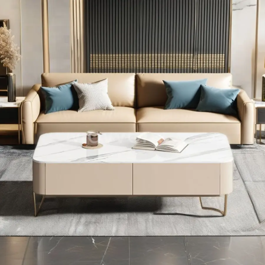 Luxury Tv Cabinet and Center Table Natural Marble Wooden Tea Coffee Table for Living Room Furniture — image 5