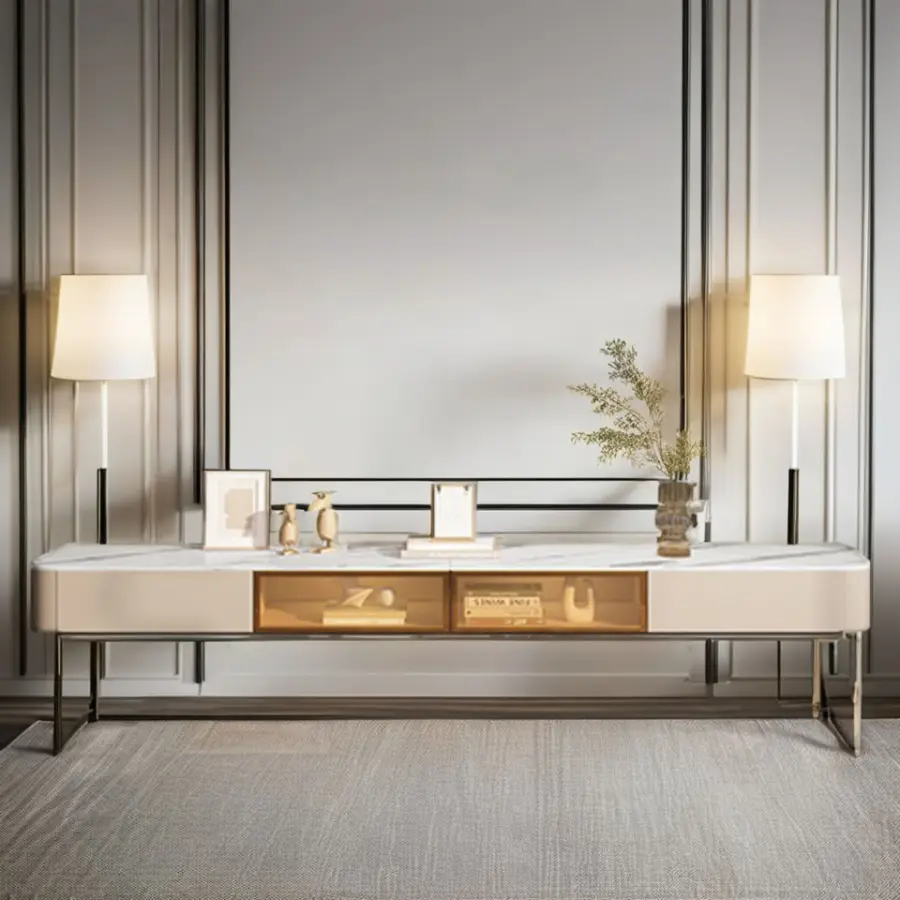 Luxury Tv Cabinet and Center Table Natural Marble Wooden Tea Coffee Table for Living Room Furniture — image 6