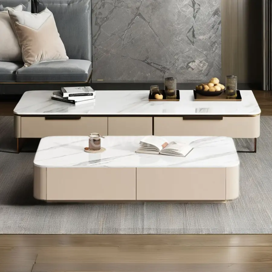 Luxury Tv Cabinet and Center Table Natural Marble Wooden Tea Coffee Table for Living Room Furniture — image 7