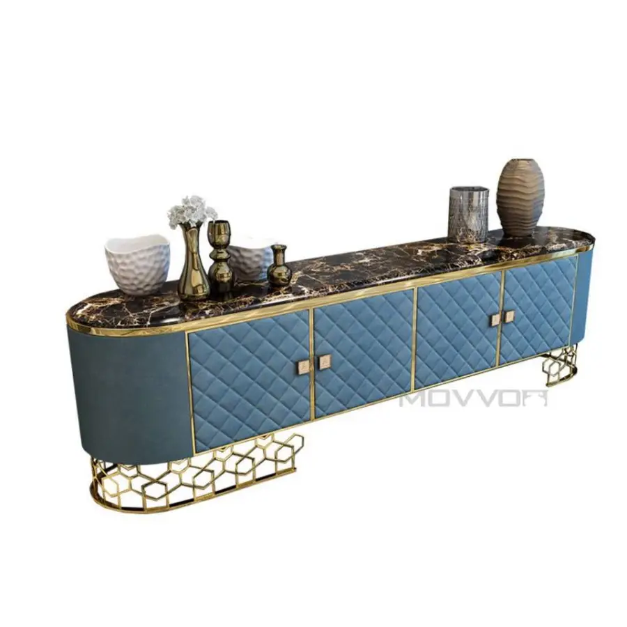 Royal Light Luxury Leather TV Stand Modern Marble Top TV Cabinet Living Room Furniture — view 1