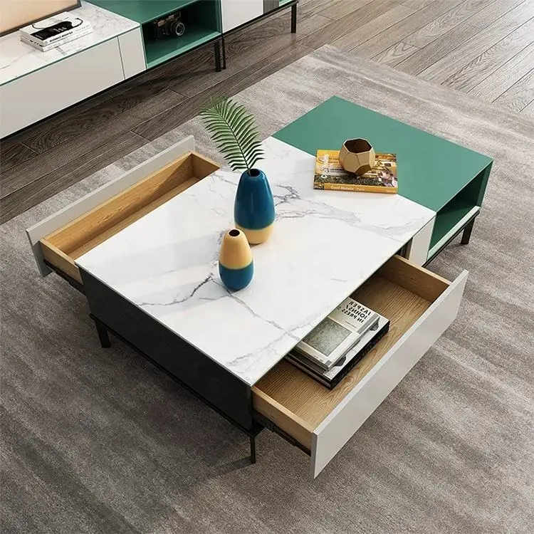 Hot Sale Living Room Plywood+marble Pattern Rock Plate Top Luxury Tv Stand Furniture Modern — image 3