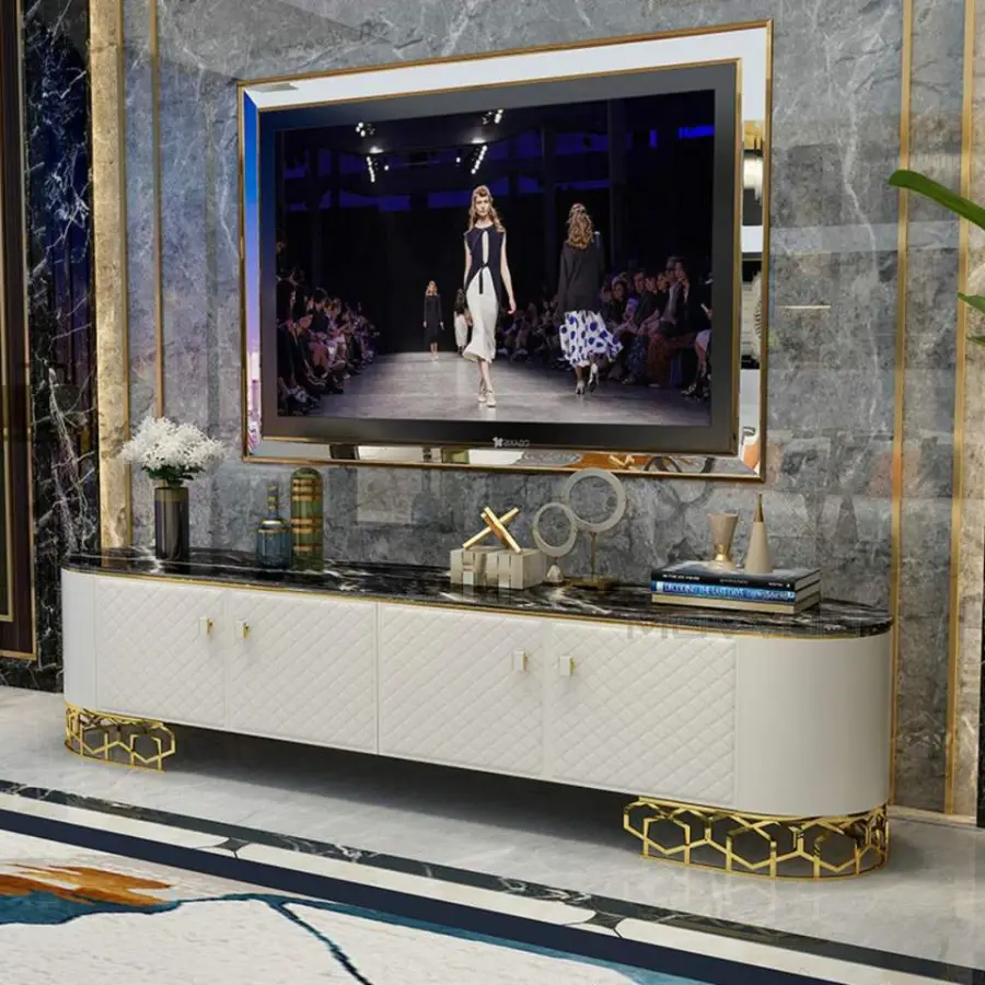 Royal Light Luxury Leather TV Stand Modern Marble Top TV Cabinet Living Room Furniture — image 3