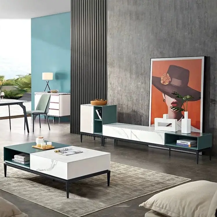 Hot Sale Living Room Plywood+marble Pattern Rock Plate Top Luxury Tv Stand Furniture Modern — image 5