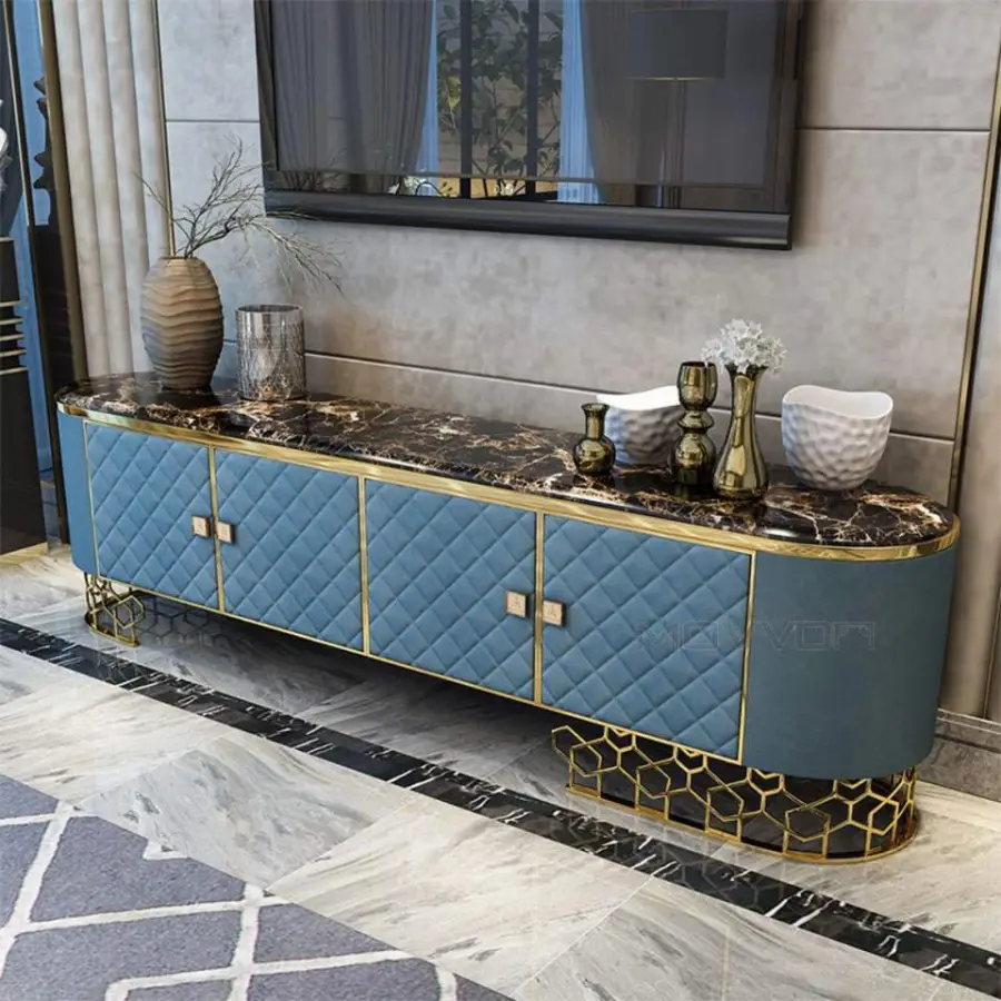 Royal Light Luxury Leather TV Stand Modern Marble Top TV Cabinet Living Room Furniture — image 4