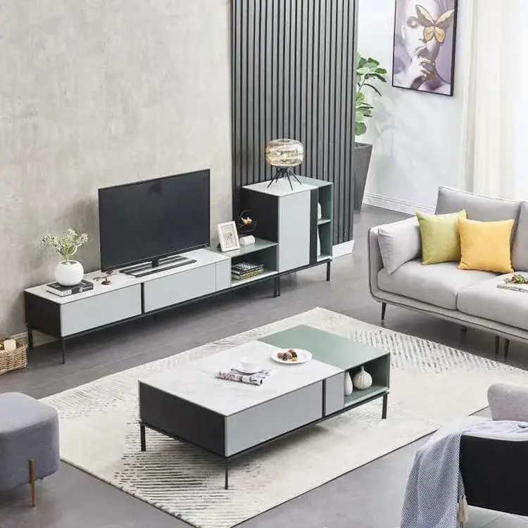 Hot Sale Living Room Plywood+marble Pattern Rock Plate Top Luxury Tv Stand Furniture Modern — image 6