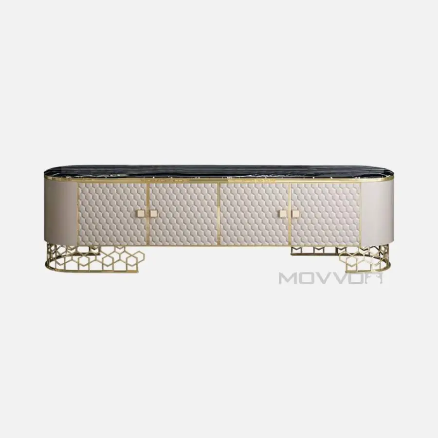 Royal Light Luxury Leather TV Stand Modern Marble Top TV Cabinet Living Room Furniture — image 5