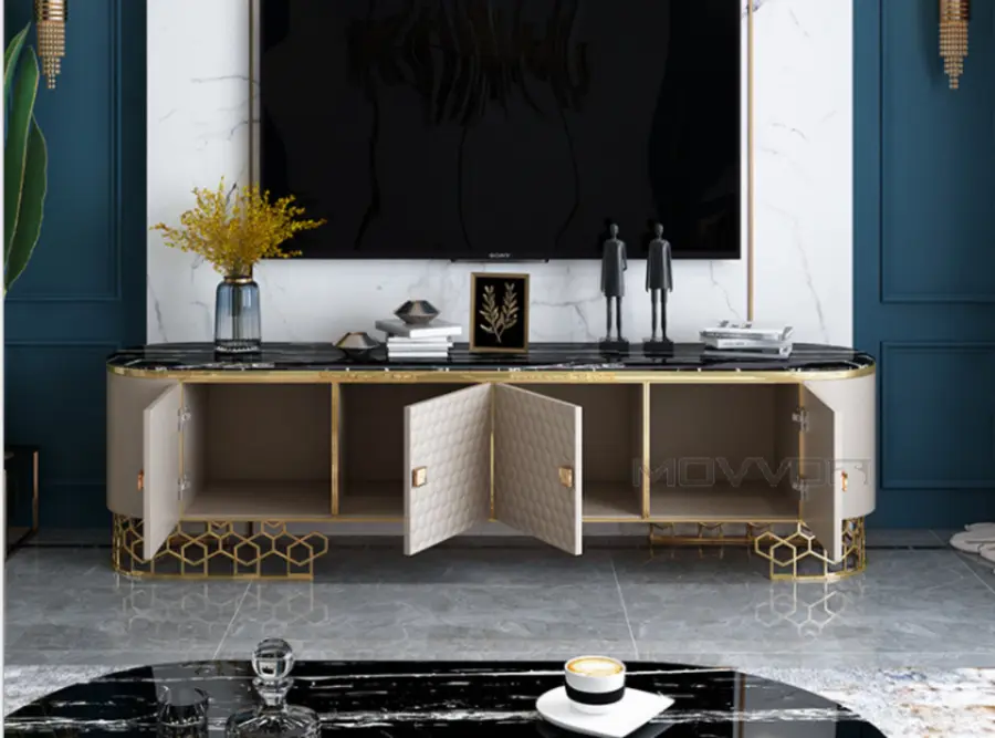 Royal Light Luxury Leather TV Stand Modern Marble Top TV Cabinet Living Room Furniture — image 6