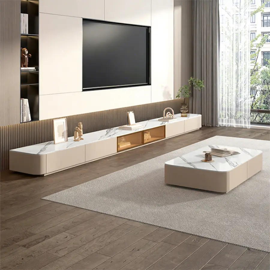 Modern Stone Glass TV Stand Luxury Floor Standing Cabinet for Small Apartment Minimalist Design for Living Room Furnitur — view 1