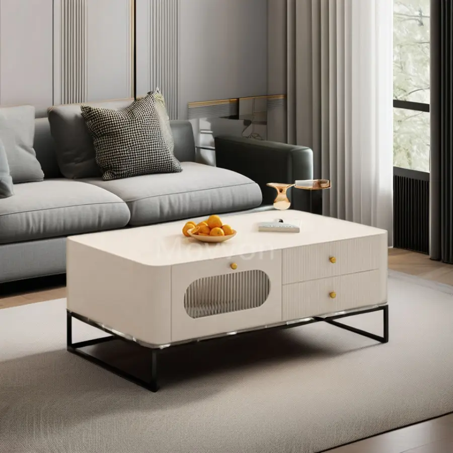 French Solid Wood Cream Wind TV Cabinet Coffee Table Combination Simple Modern Design Milk White Floor Side Farmhouse Bedroom — image 4