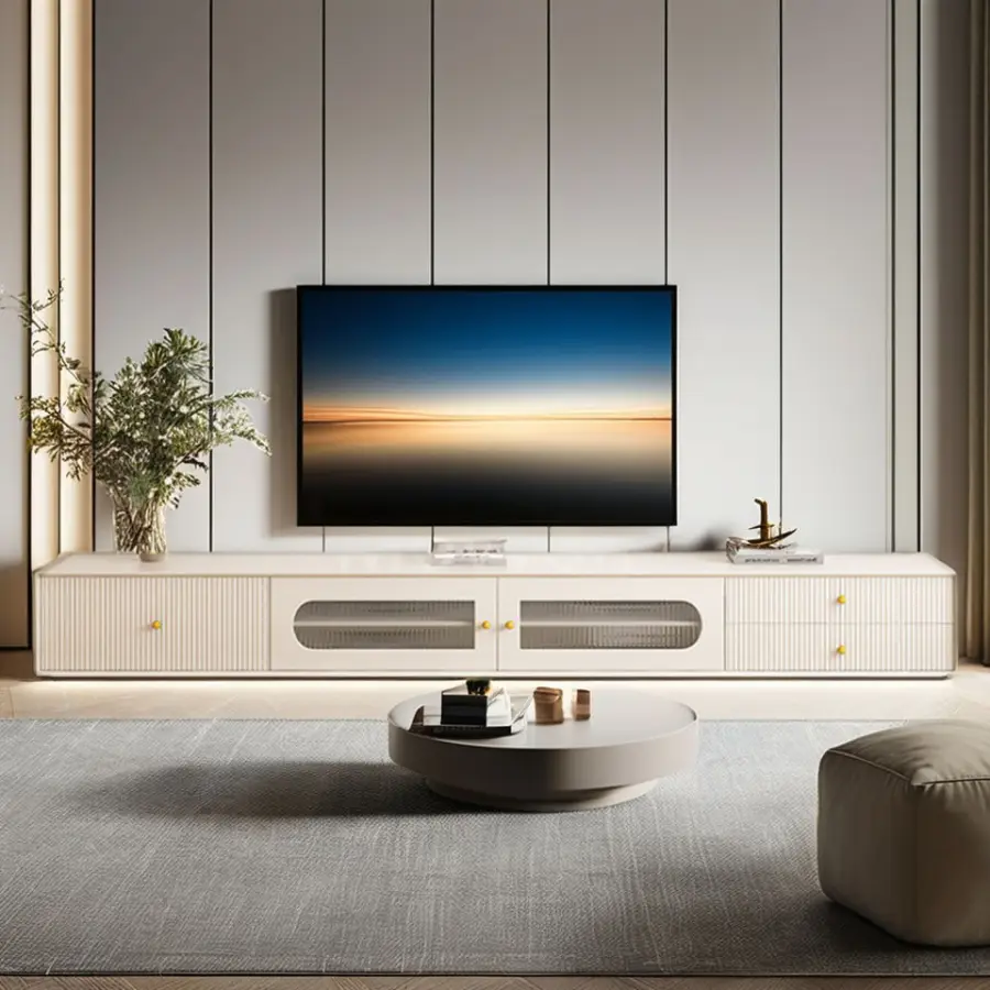 French Solid Wood Cream Wind TV Cabinet Coffee Table Combination Simple Modern Design Milk White Floor Side Farmhouse Bedroom — image 5