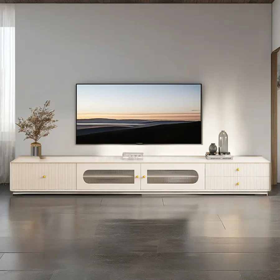 French Solid Wood Cream Wind TV Cabinet Coffee Table Combination Simple Modern Design Milk White Floor Side Farmhouse Bedroom — image 7