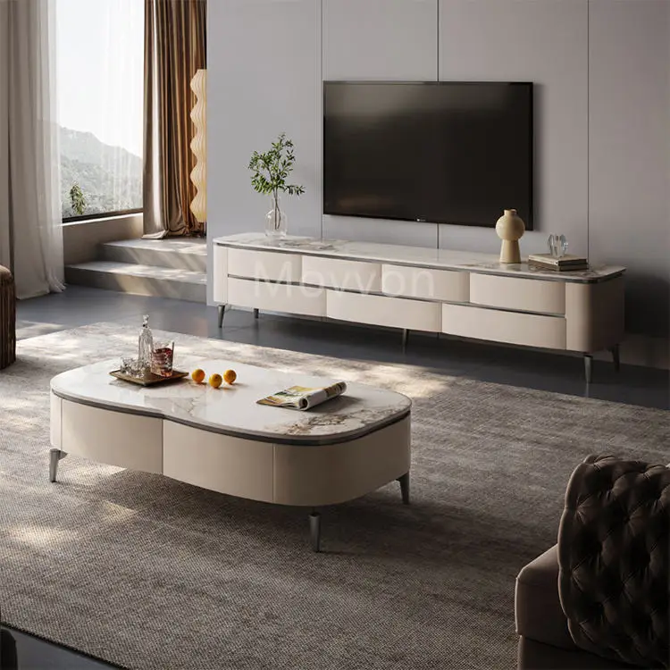 Italian Modern Luxury Solid Coffee Table Walnut TV Stand Unit Cabinet for Living Dining Adjustable Glass Panel Home Warehouse — image 2