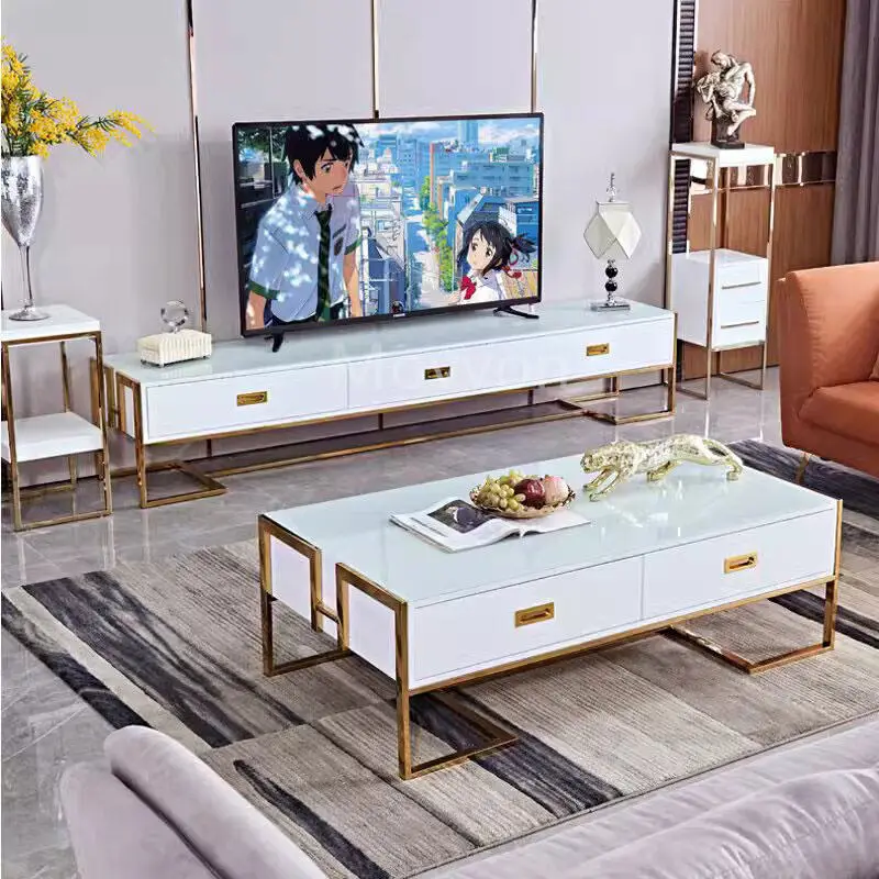 Metal Furniture Sets Living Room Sets Factory Luxury Tv Table Wood Cabinets Modern Glass Tv Stands With Drawers — image 3
