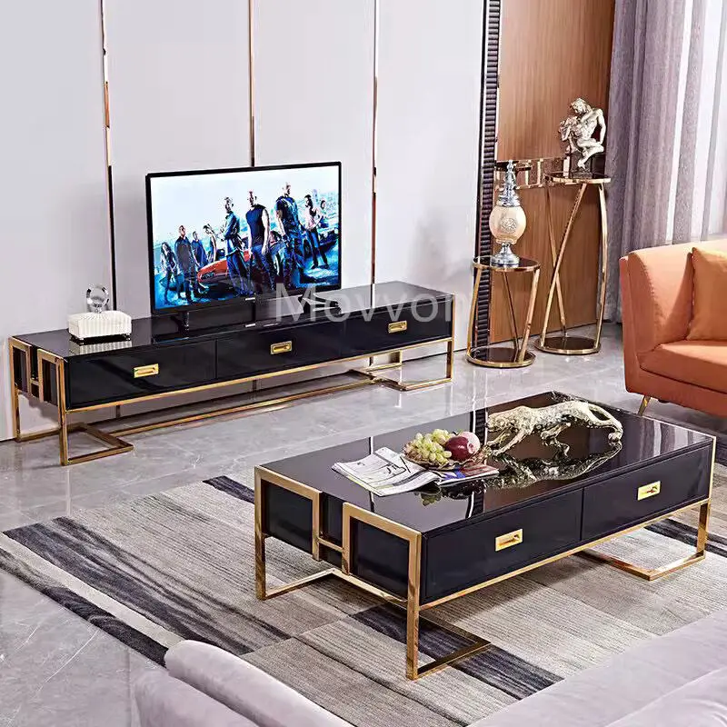 Metal Furniture Sets Living Room Sets Factory Luxury Tv Table Wood Cabinets Modern Glass Tv Stands With Drawers — image 4