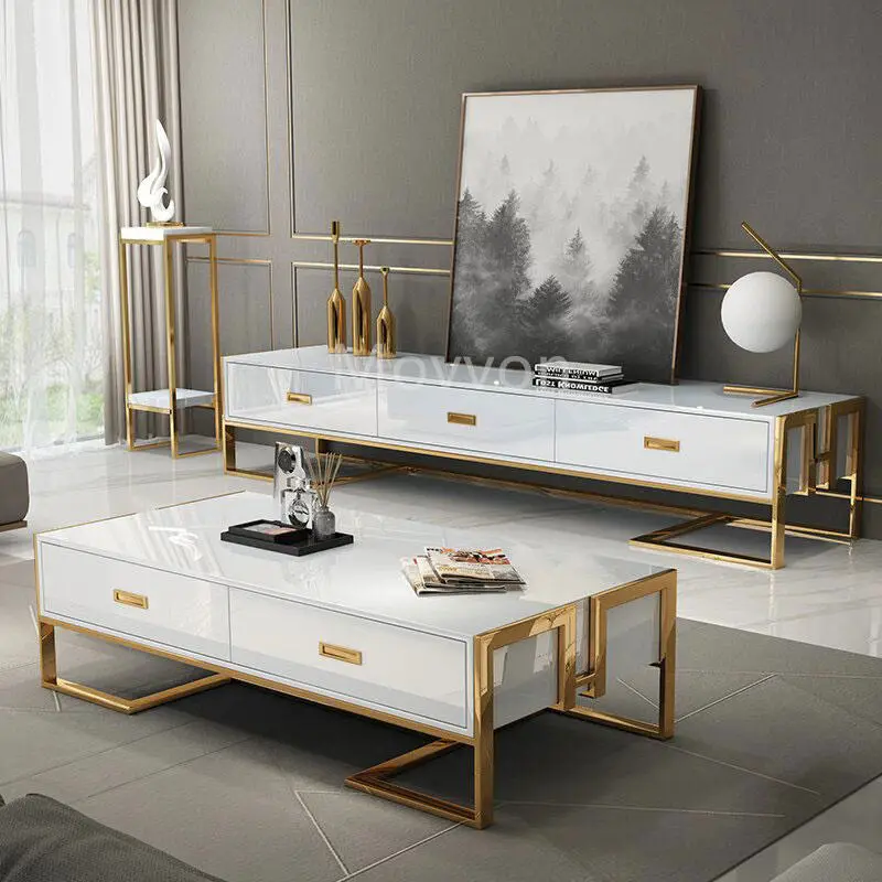 Metal Furniture Sets Living Room Sets Factory Luxury Tv Table Wood Cabinets Modern Glass Tv Stands With Drawers — image 5