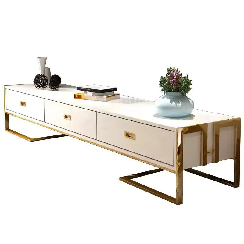 Metal Furniture Sets Living Room Sets Factory Luxury Tv Table Wood Cabinets Modern Glass Tv Stands With Drawers — image 6