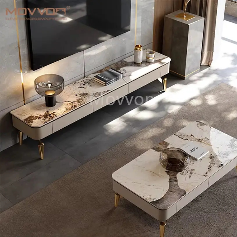Modern Luxury MDF TV Stand Dining Table Foldable Adjustable Home Furniture for Living Room Apartment Marble Coffee TV Ca — view 1