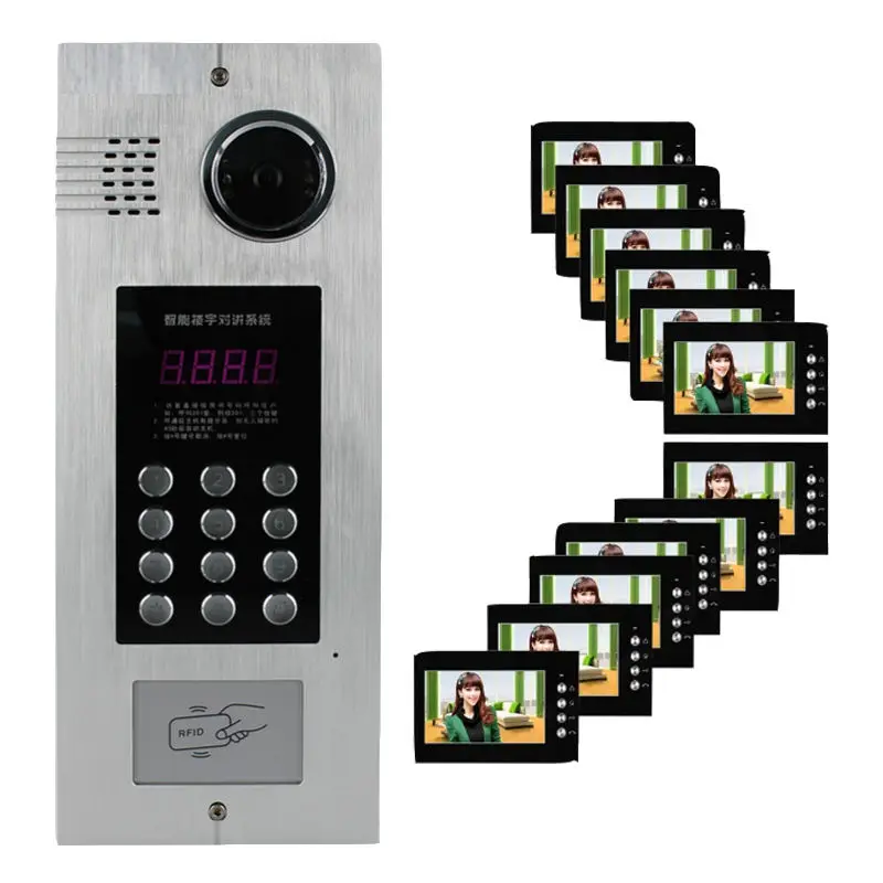 Night Vision Password Unlock ID IC Card Reader 12 Multi Apartment Building Intercom Video Door Phone — view 1