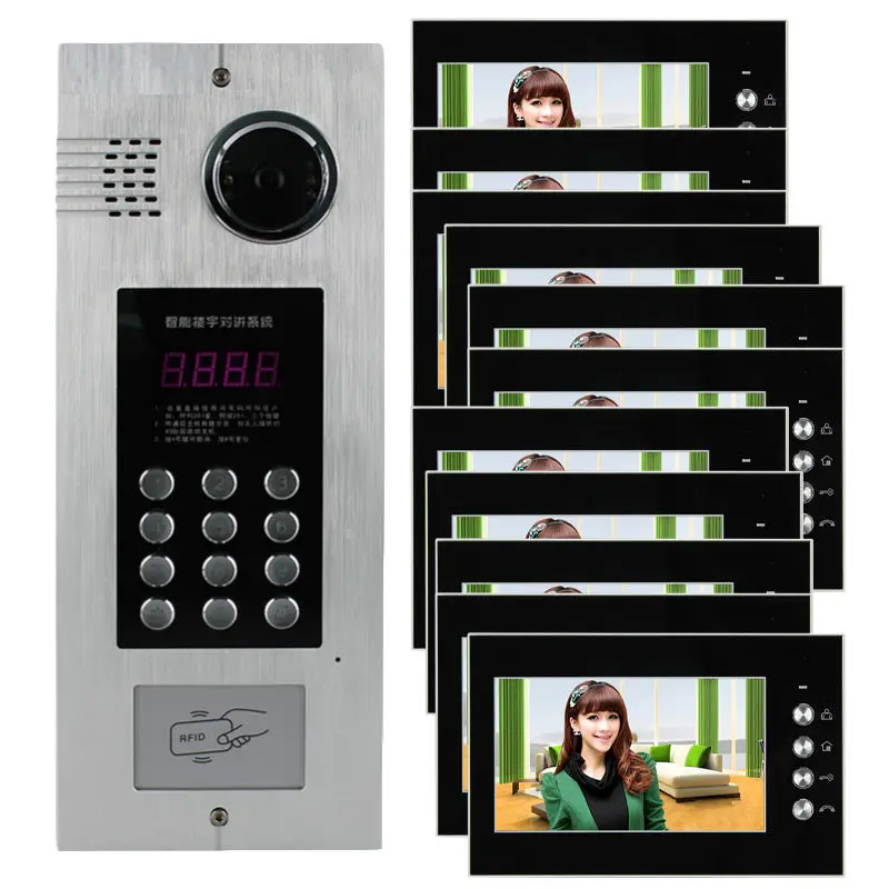 Night Vision Password Unlock ID IC Card Reader 12 Multi Apartment Building Intercom Video Door Phone — view 2