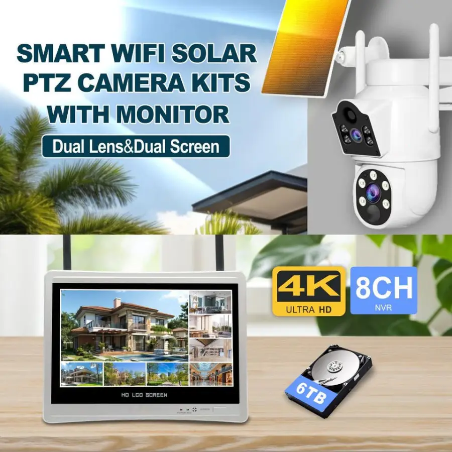 4K 4CH/8-CH High-definition Wireless Dual Lens Solar With Screen NVR Screen Color Night Vision Wifi Camera Kit IP66 — image 2