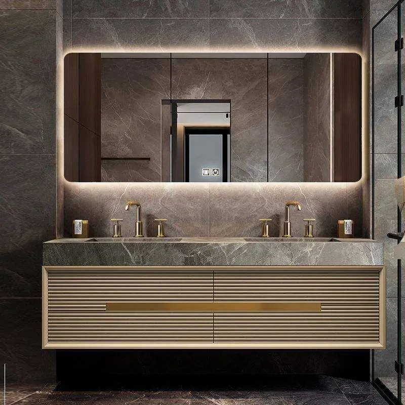 Light Luxury Fluted Floating Double Sink Waterproof Wall Mounted Bathroom Vanity with Gold Hardware Smart LED Mirror Cab — view 1