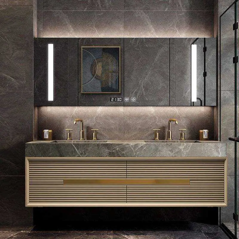 Light Luxury Fluted Floating Double Sink Waterproof Wall Mounted Bathroom Vanity with Gold Hardware Smart LED Mirror Cabinet — image 3