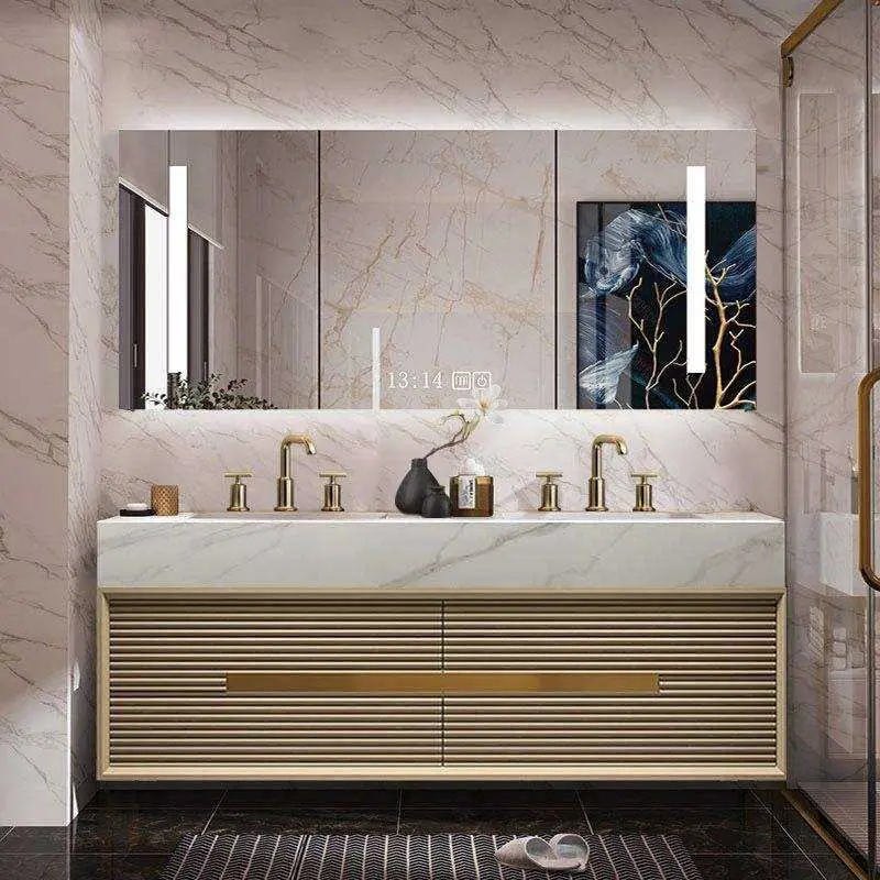 Light Luxury Fluted Floating Double Sink Waterproof Wall Mounted Bathroom Vanity with Gold Hardware Smart LED Mirror Cabinet — image 4