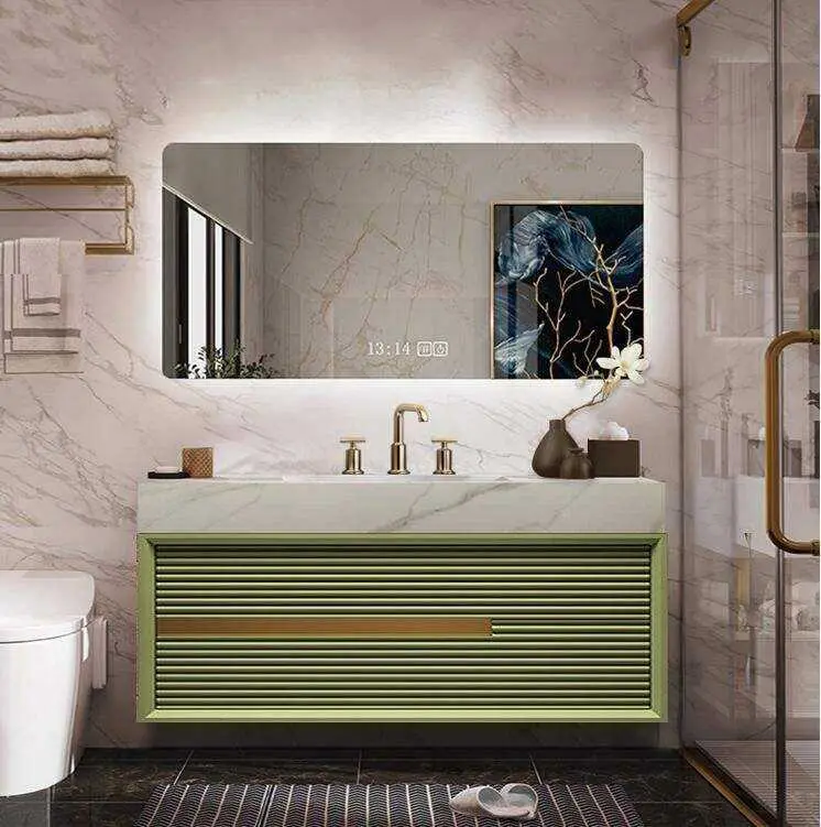 Light Luxury Fluted Floating Double Sink Waterproof Wall Mounted Bathroom Vanity with Gold Hardware Smart LED Mirror Cabinet — image 5
