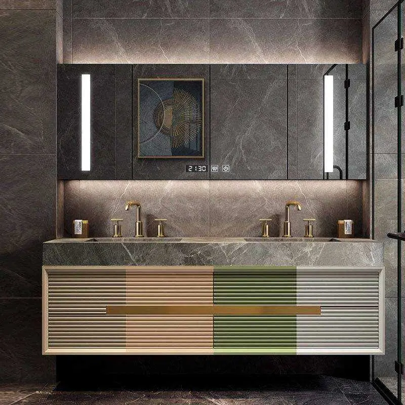 Light Luxury Fluted Floating Double Sink Waterproof Wall Mounted Bathroom Vanity with Gold Hardware Smart LED Mirror Cabinet — image 6