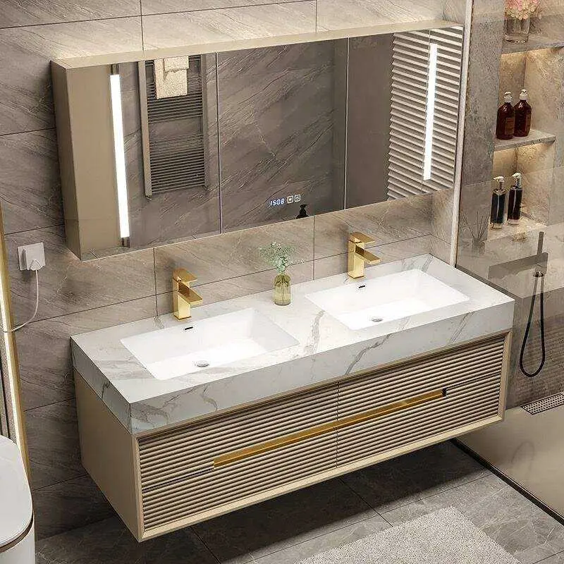 Light Luxury Fluted Floating Double Sink Waterproof Wall Mounted Bathroom Vanity with Gold Hardware Smart LED Mirror Cabinet — image 7