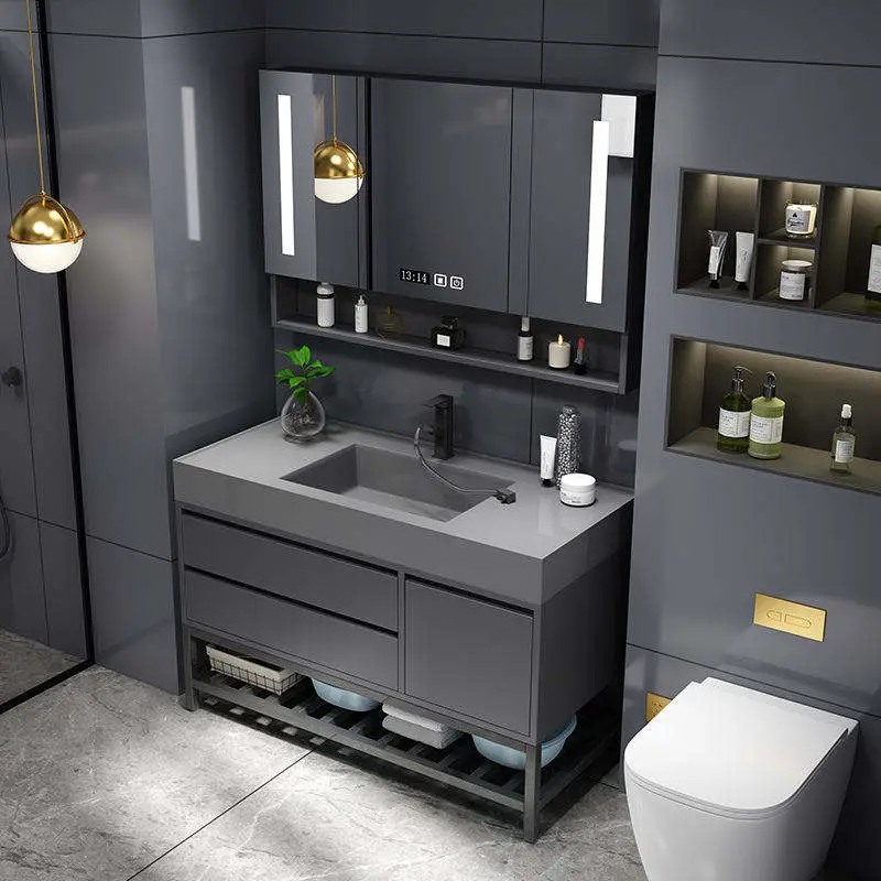 Customized Wholesale Modern Luxury Dark Grey Floor-standing Bathroom Vanity with Integrated Basin and LED Mirror Cabinet — view 1