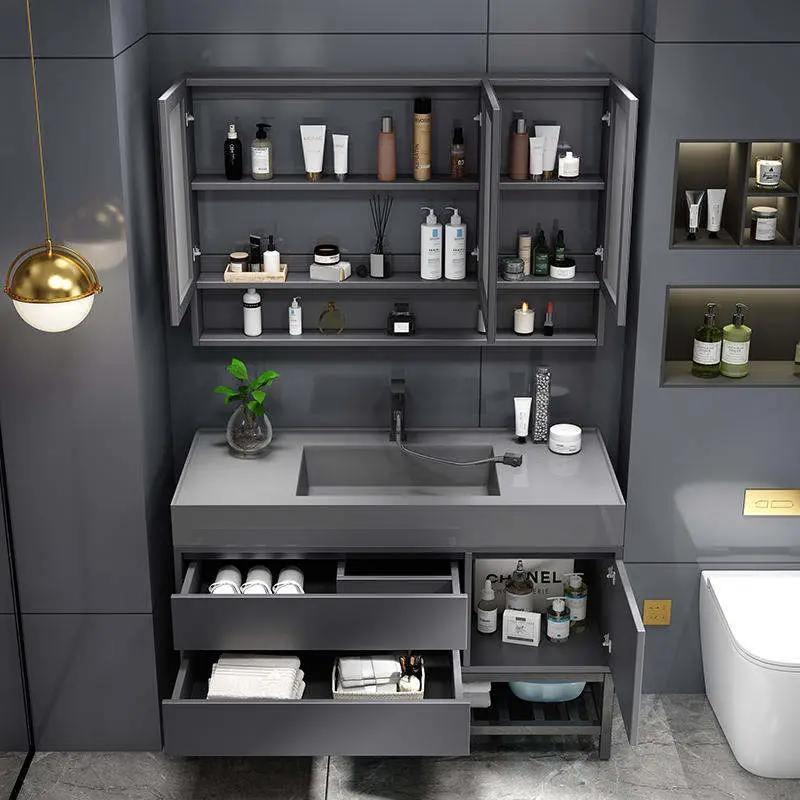 Customized Wholesale Modern Luxury Dark Grey Floor-standing Bathroom Vanity with Integrated Basin and LED Mirror Cabinet — image 2