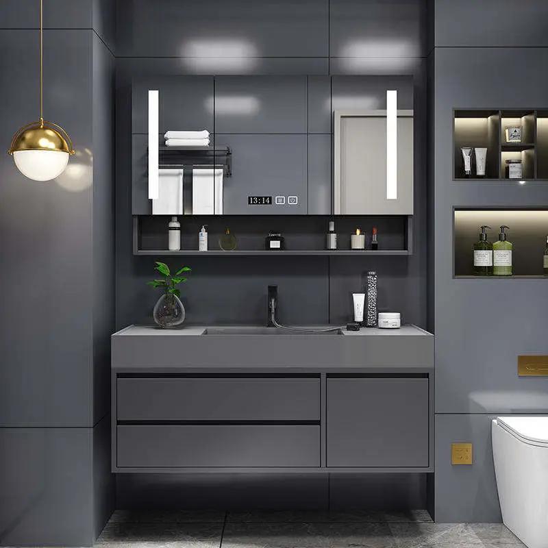 Customized Wholesale Modern Luxury Dark Grey Floor-standing Bathroom Vanity with Integrated Basin and LED Mirror Cabinet — image 3