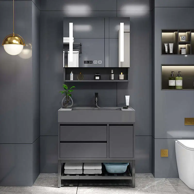 Customized Wholesale Modern Luxury Dark Grey Floor-standing Bathroom Vanity with Integrated Basin and LED Mirror Cabinet — image 4