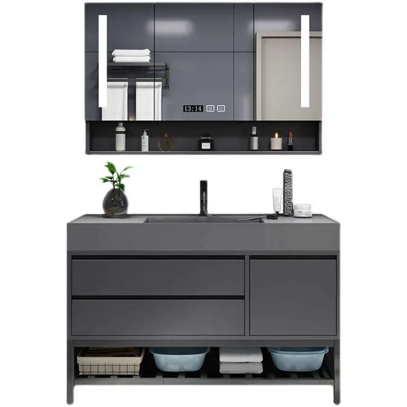 Customized Wholesale Modern Luxury Dark Grey Floor-standing Bathroom Vanity with Integrated Basin and LED Mirror Cabinet — image 5