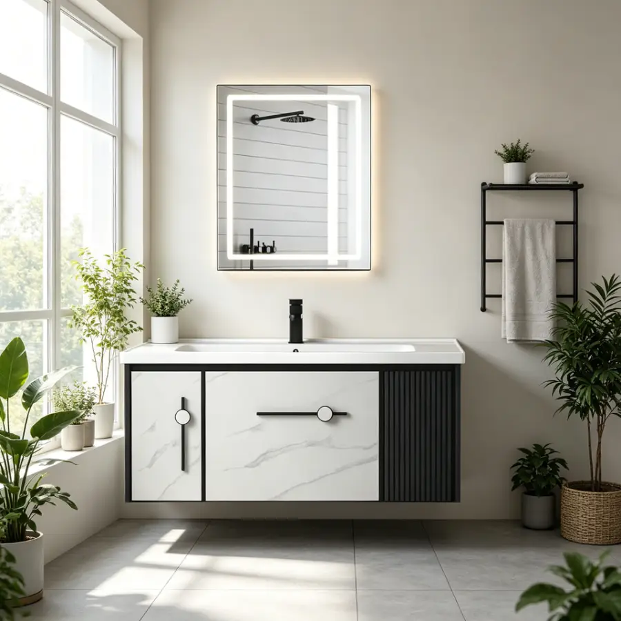Customized CE Unique Black and White Double-color Fluted Antique 40-inch Bathroom Storage Cabinet Floating Bathroom Vani — view 1