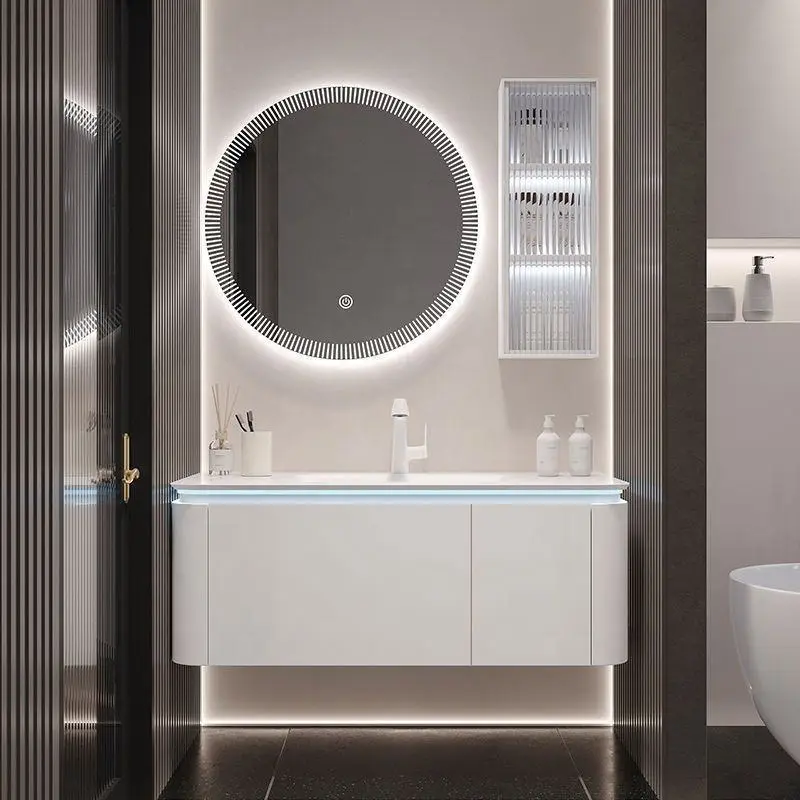 Customized Wholesale White Plywood MDF PVC Solid Wood Material Lighting Smart Bathroom Vanity with Sink and Smart Mirror — view 1