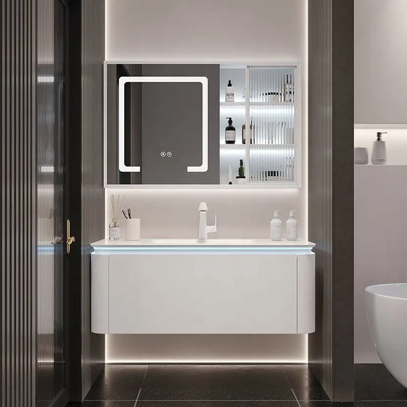Customized Wholesale White Plywood MDF PVC Solid Wood Material Lighting Smart Bathroom Vanity with Sink and Smart Mirror — image 3