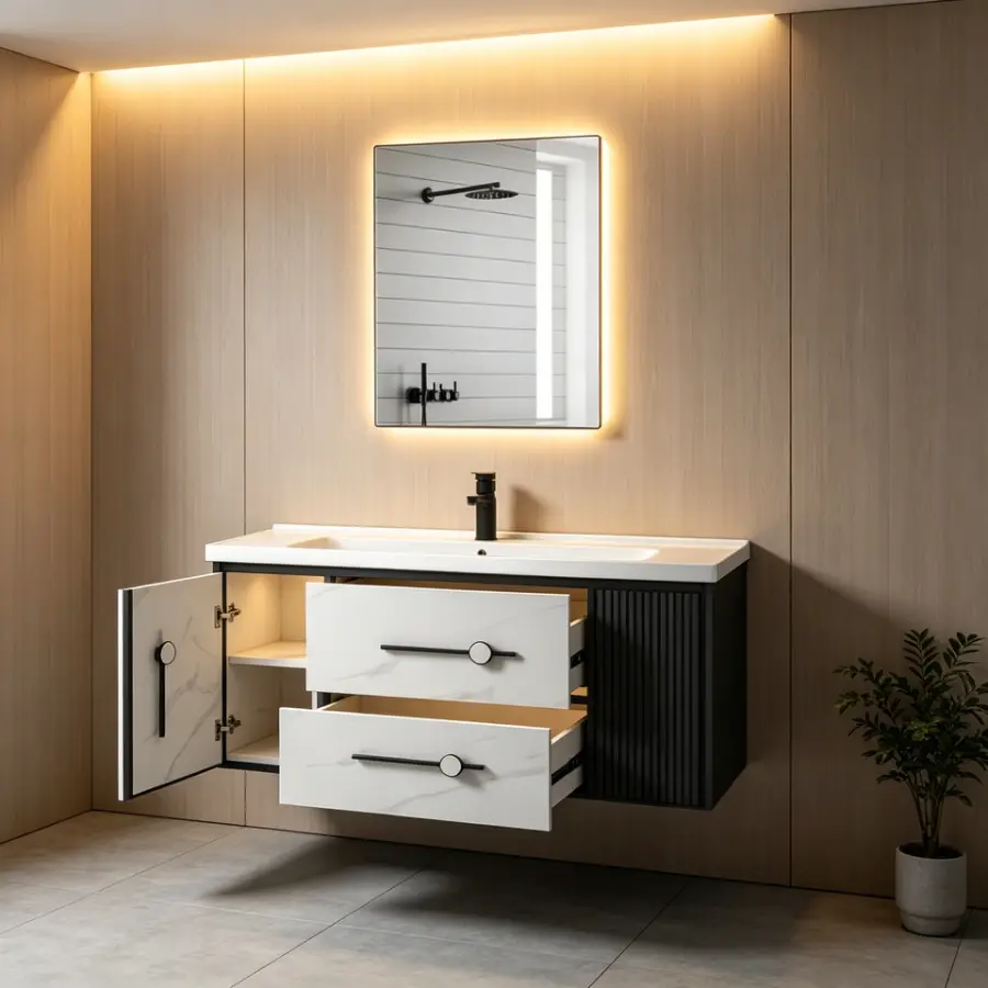 Customized CE Unique Black and White Double-color Fluted Antique 40-inch Bathroom Storage Cabinet Floating Bathroom Vanity Set — image 3