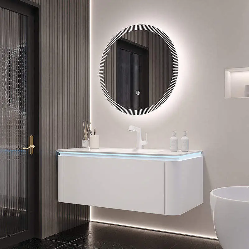 Customized Wholesale White Plywood MDF PVC Solid Wood Material Lighting Smart Bathroom Vanity with Sink and Smart Mirror — image 4