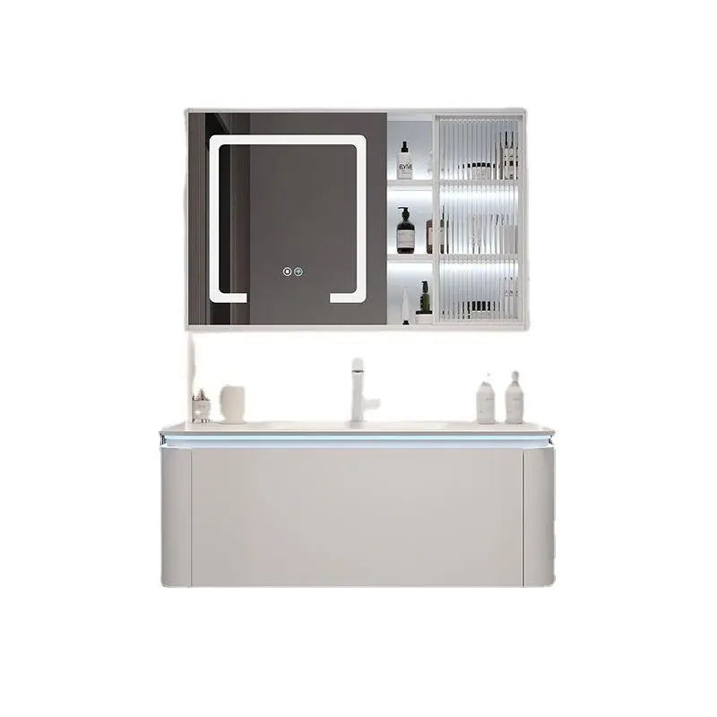 Customized Wholesale White Plywood MDF PVC Solid Wood Material Lighting Smart Bathroom Vanity with Sink and Smart Mirror — image 5