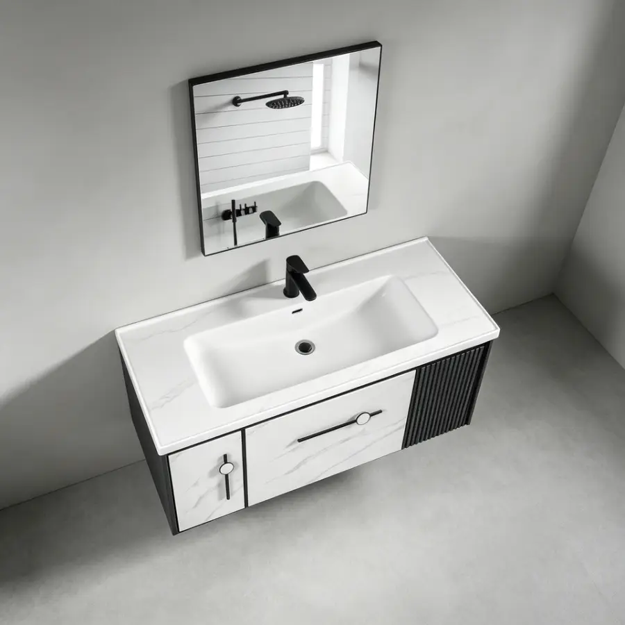 Customized CE Unique Black and White Double-color Fluted Antique 40-inch Bathroom Storage Cabinet Floating Bathroom Vanity Set — image 5