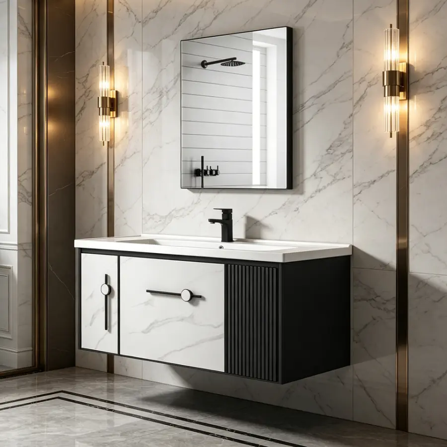 Customized CE Unique Black and White Double-color Fluted Antique 40-inch Bathroom Storage Cabinet Floating Bathroom Vanity Set — image 6